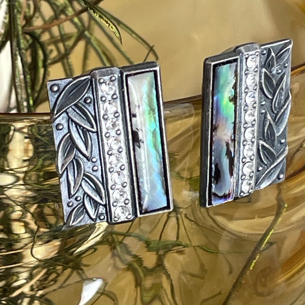 Vintage Duri Silver tone Rhinestone and Abalone Leaf Pattern Earrings